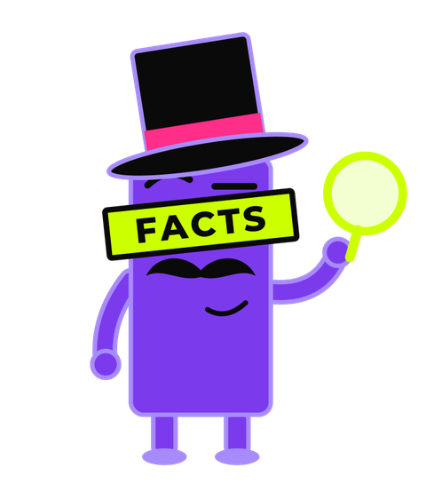 The Hey Mr. Facts mascot holding a magnifying glass up to a dataset.