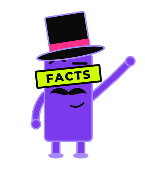 The Hey Mr. Facts mascot, a violet bar-chart figure in a black top hat with a lime FACTS bar over his eyes, pointing at a chart.